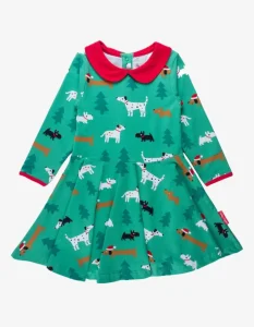 Organic Christmas Dog Print Long-Sleeved Skater Dress