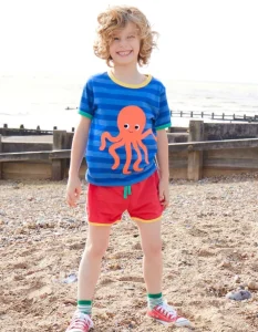 Organic Octopus Applique Dark Blue Striped T-Shirt