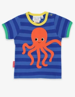 Organic Octopus Applique Dark Blue Striped T-Shirt