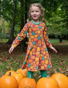 Organic Pumpkin Print Long-Sleeved Skater Dress