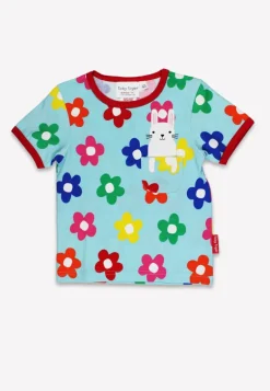 Organic Rainbow Bloom Bunny Pocket Applique Short Sleeved T-Shirt